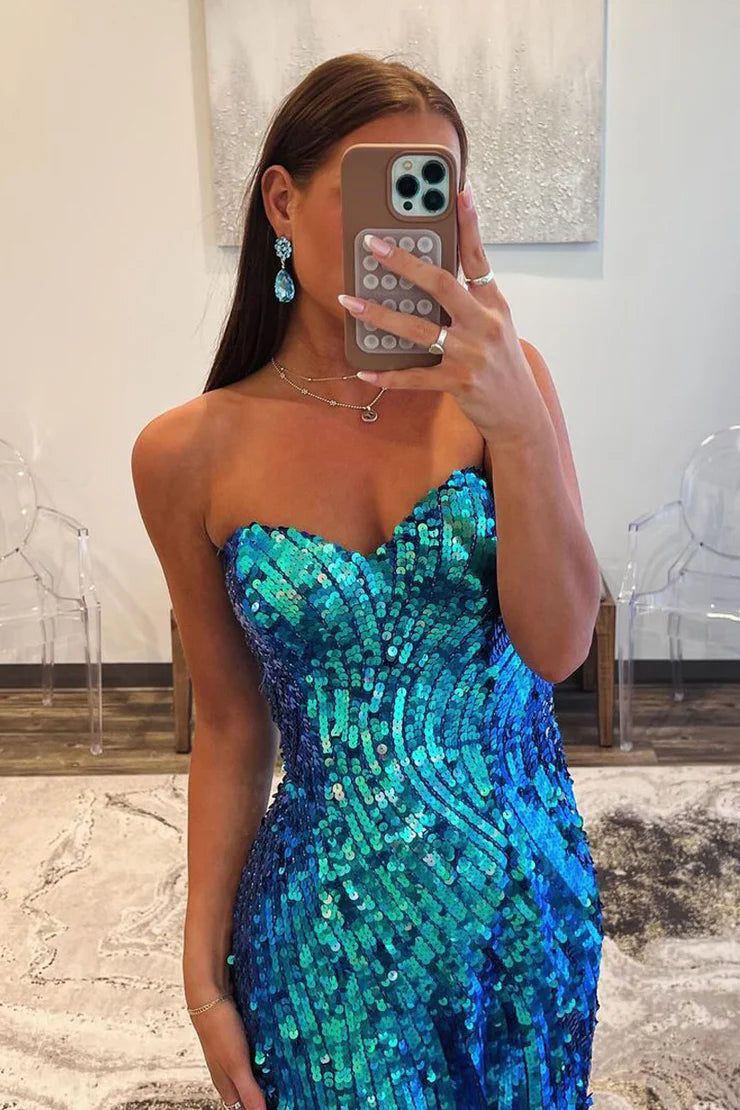 A Line Mermaid Sweetheart Blue Sequins Long Prom Dress with Slit