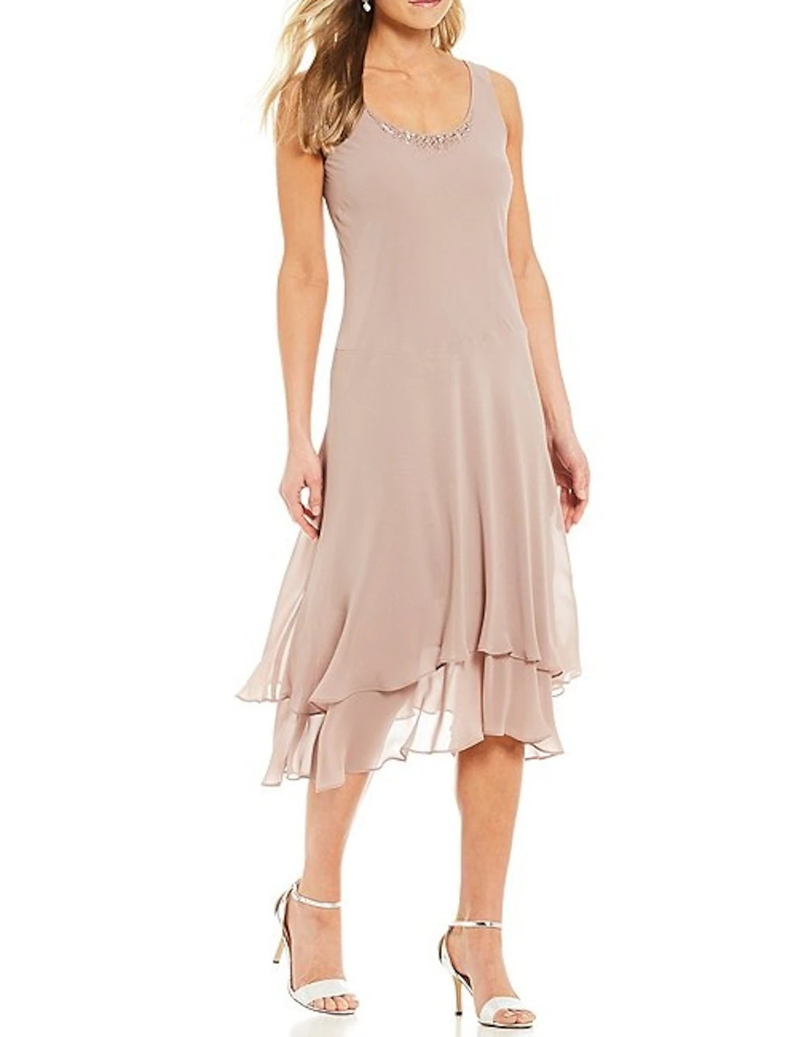 A-Line Two Pieces Jewel Neck Wedding Guest Dress Tea Length Chiffon Long Sleeve Mother of the Bride Dress with Beading Cascading Ruffles