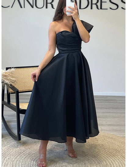 A-Line Cocktail Dresses Elegant Dress Formal Prom Ankle Length 3/4 Length Sleeve One Shoulder Satin with Ruched