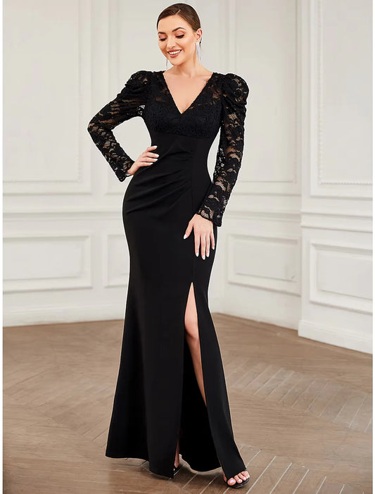 A-Line Evening Gown Vintage Dress Formal Floor Length Long Sleeve V Neck Lace with Pure Color