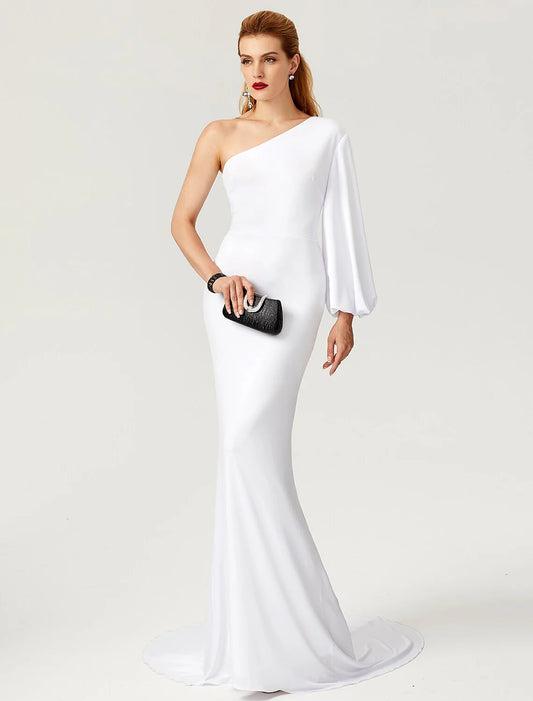 Mermaid / Trumpet Celebrity Style Dress Engagement Court Train Long Sleeve One Shoulder Jersey with Pleats