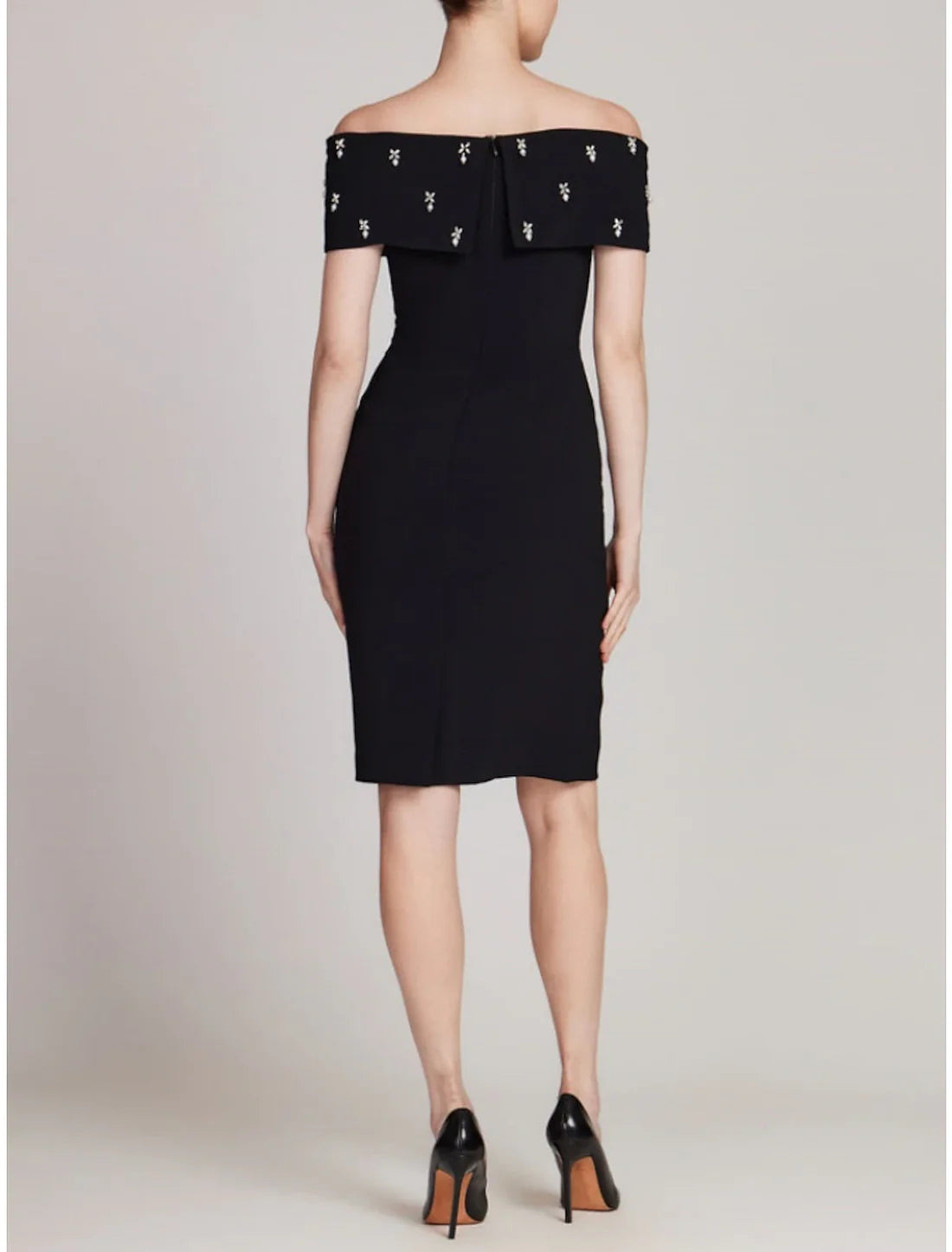 Sheath / Column Elegant Wedding Guest Dresses Elegant Dress Homecoming Knee Length Black Dress Short Sleeve Off Shoulder Stretch Fabric with Crystals