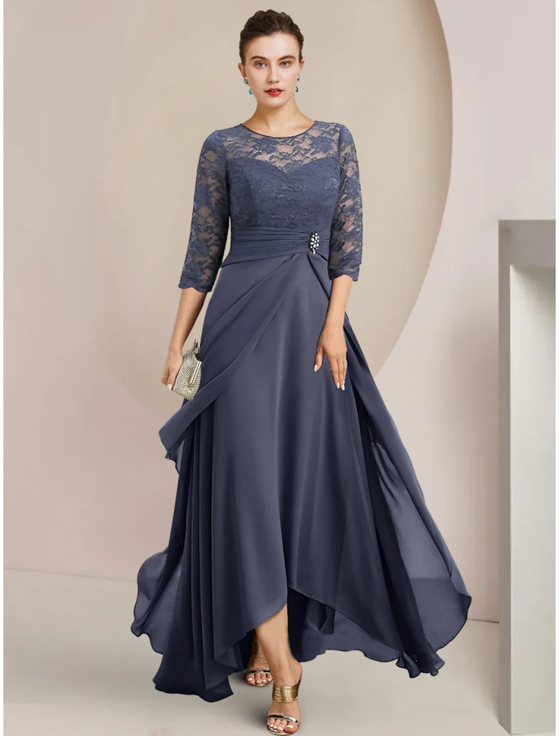 A-Line Mother of the Bride Dress Wedding Guest Elegant Jewel Neck Asymmetrical Chiffon Half Sleeve with Lace Crystal Brooch Ruching