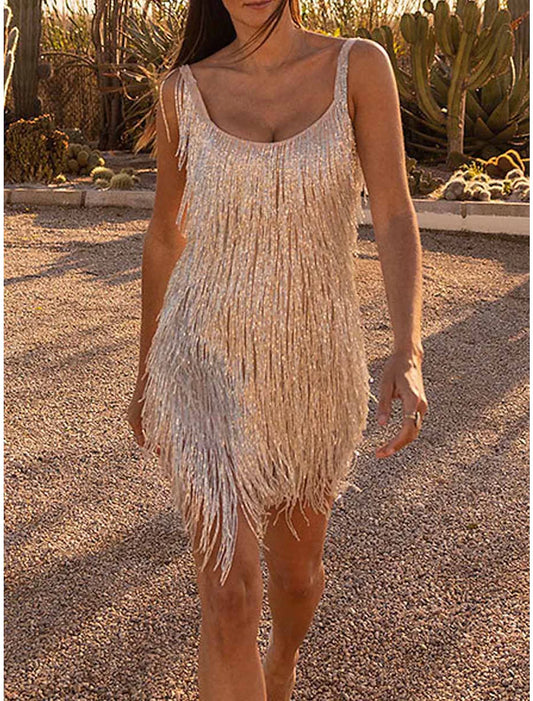 Party Dress Fringe Dress Homecoming Dress Mini Dress Purple Gold Beige Sleeveless Pure Color Tassel Fringe Summer Spring Fall Spaghetti Strap Fashion Evening Party Vacation Fall Dress