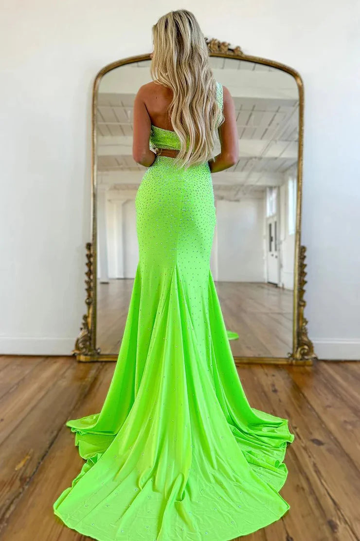 Sheath/Mermaid One Shoulder Satin Long Prom Dress with Beading