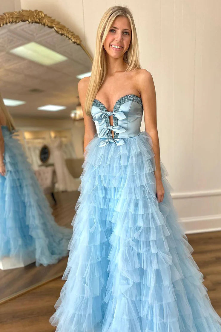 A Line Strapless Floor Length Light Blue Tiered Tulle Prom Dress with Beading