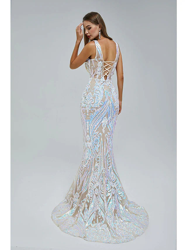 Mermaid / Trumpet Evening Gown Elegant Dress Engagement Court Train Sleeveless V Neck Sequined with Sequin