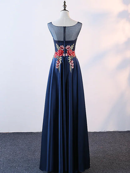 A-Line Evening Gown Elegant Dress Prom Floor Length Sleeveless Jewel Neck Satin with Embroidery Appliques  1 review $74.99