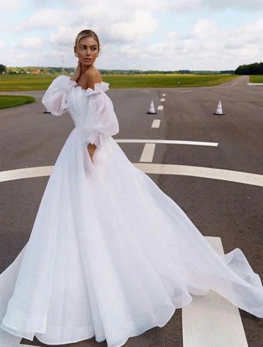 Beach Casual Wedding Dresses A-Line Off Shoulder Long Sleeve Court Train Organza Bridal Gowns With Solid Color