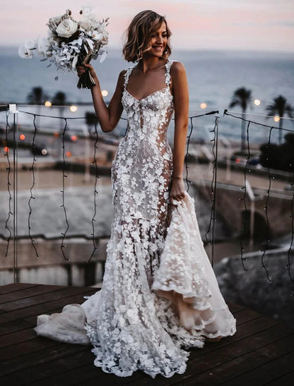 Beach Sexy Boho Wedding Dresses Mermaid / Trumpet Sweetheart Regular Straps Court Train Lace Bridal Gowns With Appliques Summer Fall Wedding Party , Women's Clothing