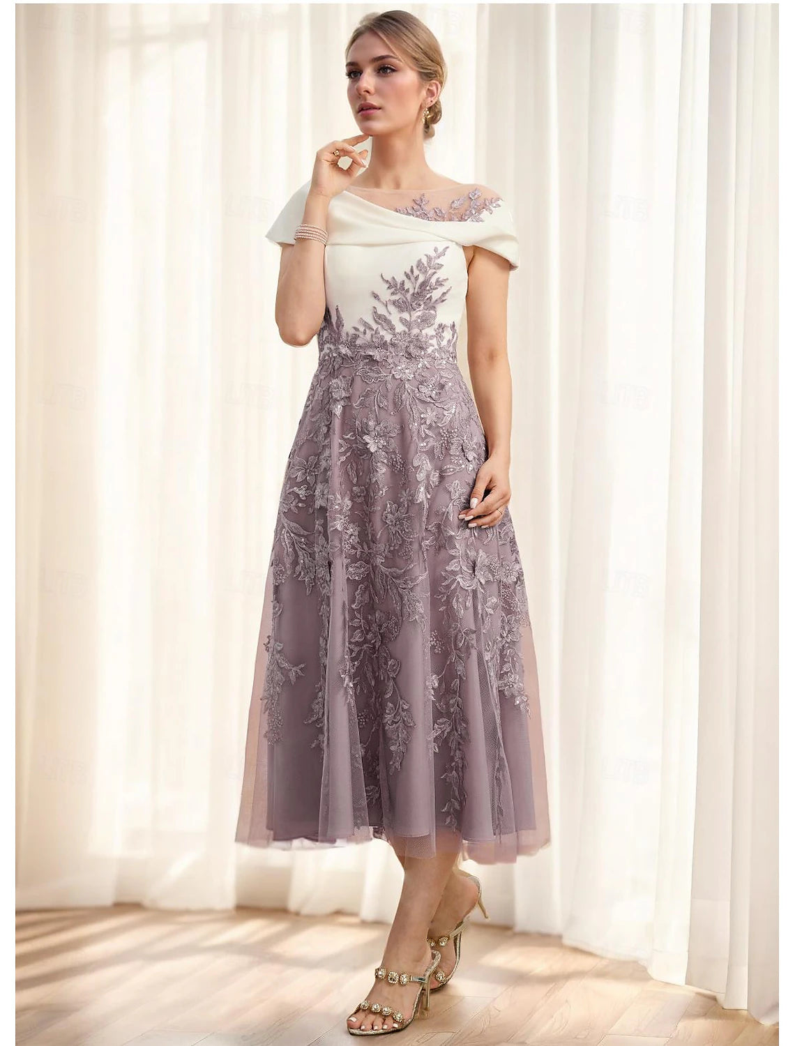 A-Line Cowl Neck Ankle Length Wedding Guest Party Dress Tea Length Lace Stretch Fabric Short Sleeve Cap Sleeve Mother of the Bride Dress with Bow(s) Ruched Appliques