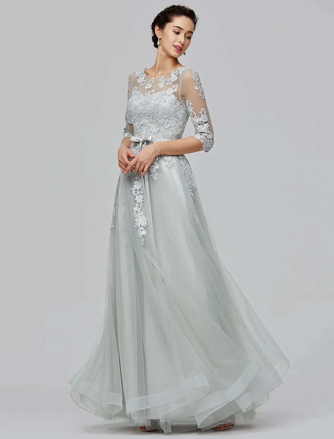 A-Line Evening Dress Wedding Guest Prom Floor Length Half Sleeve Illusion Neck Tulle with Bow(s) Appliques