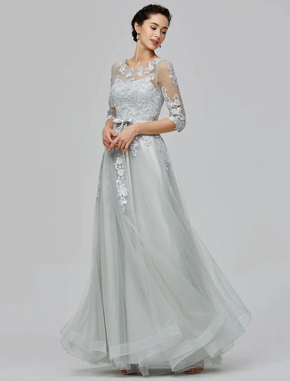 A-Line Evening Dress Wedding Guest Prom Floor Length Half Sleeve Illusion Neck Tulle with Bow(s) Appliques