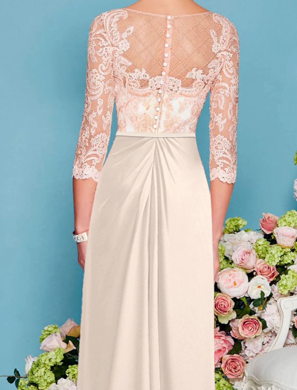 A Line Sheath Column Scoop Neck 3/4 Length Sleeve Mother of the Bride Dress Floor Length  Chiffon Lace Wedding Guest With Beading Appliques