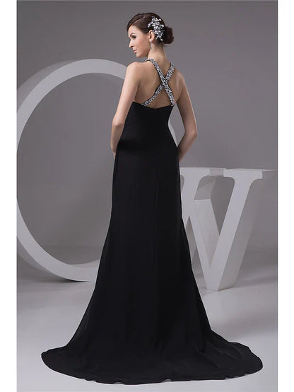 Mermaid / Trumpet Evening Gown Sexy Dress Engagement Court Train Sleeveless Halter Chiffon with Beading Slit