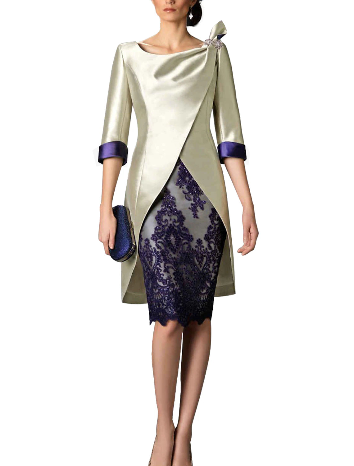 Mother of the Bride Dress Plus Size Sheath / Column  V Neck Knee Length Two Pieces Wedding Guest Party Dress Satin Lace 3/4 Length Sleeve Jacket Dresses