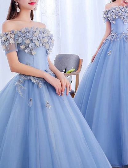 Ball Gown Prom Dresses Floral Dress Quinceanera Prom Floor Length Short Sleeve Off Shoulder Polyester with Appliques