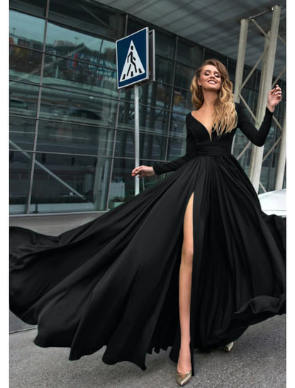 A-Line Evening Gown Empire Dress Holiday Floor Length Long Sleeve V Neck Chiffon V Back with Slit Pure Color