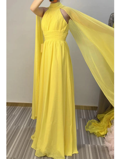 A-Line Wedding Guest Dress Floor Length Sleeveless High Neck Capes Chiffon with Ruched