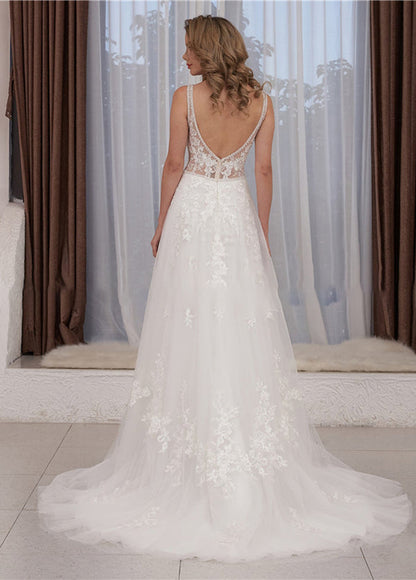 Appliqued Lace Appliques Sleeveless Beach Wedding Gowns with V-Neckline Open Back Sexy