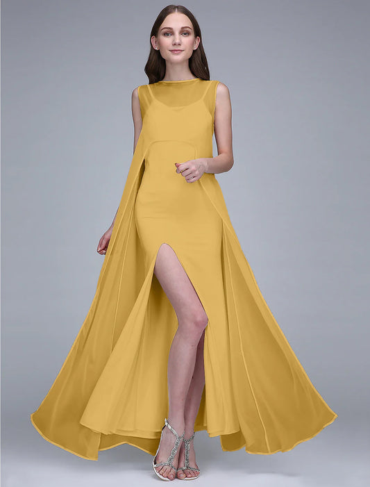 Sheath / Column Bridesmaid Dress Bateau Neck Sleeveless Open Back Ankle Length Chiffon / Jersey with Split Front