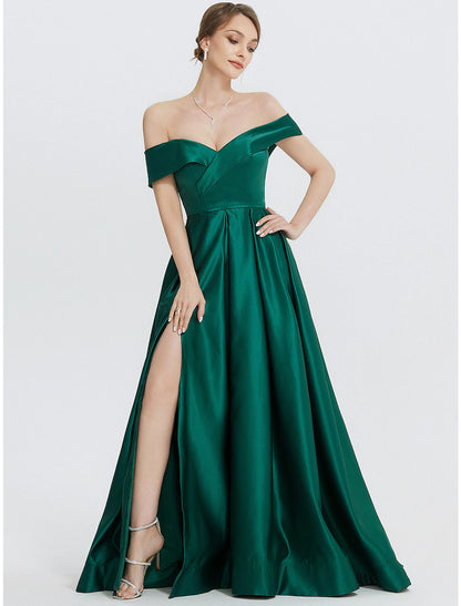 A-Line Evening Gown Elegant Dress Formal Prom Floor Length Sleeveless Sweetheart Satin with Slit