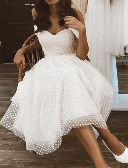 Reception Little White Dresses Wedding Dresses A-Line Off Shoulder Cap Sleeve Knee Length Tulle Bridal Gowns With Solid Color