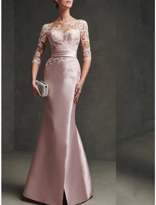 Mermaid / Trumpet Mother of the Bride Dress Formal Scoop Neck Floor Length Satin Lace 3/4 Length Sleeve with Pleats Split Front