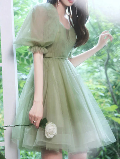 A-Line Homecoming Dresses  Dress Wedding Guest Graduation Short / Mini Short Sleeve Off Shoulder Tulle with Pleats