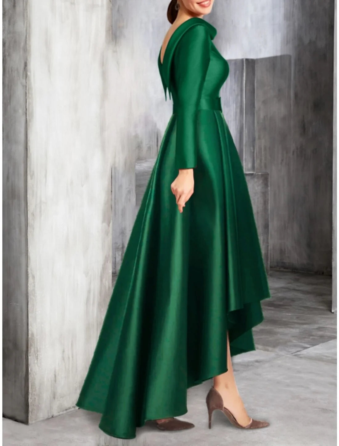 A-Line Cocktail Dresses Party Dress Birthday Fall Asymmetrical Floor Length Long Sleeve Scoop Neck Satin with Pleats Strappy