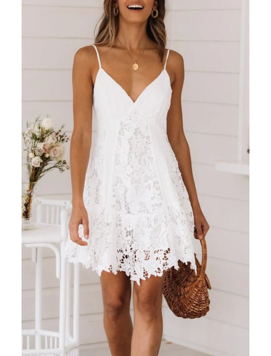 A-Line Sexy Homecoming Dresses Floral Dress Wedding Guest Holiday Short / Mini Sleeveless Spaghetti Strap Lace with Appliques