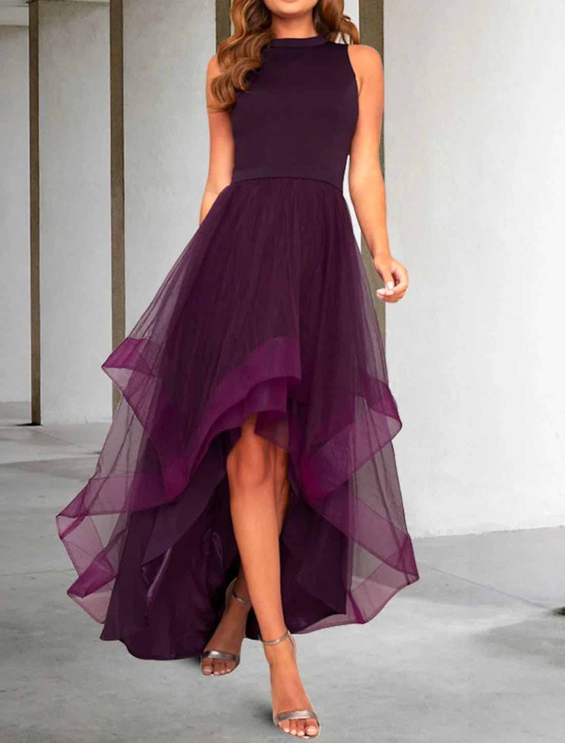 A-Line Cocktail Dresses Elegant Dress For Wedding Guest Tiered Asymmetrical Sleeveless Jewel Neck Organza Ruffles Pleats