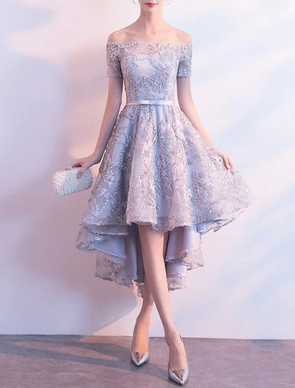 A-Line Cocktail Dresses Minimalist Dress Wedding Guest Homecoming Asymmetrical Short Sleeve Off Shoulder Tulle with Bow(s) Pleats