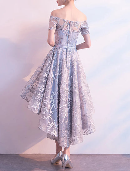 A-Line Cocktail Dresses Minimalist Dress Wedding Guest Homecoming Asymmetrical Short Sleeve Off Shoulder Tulle with Bow(s) Pleats