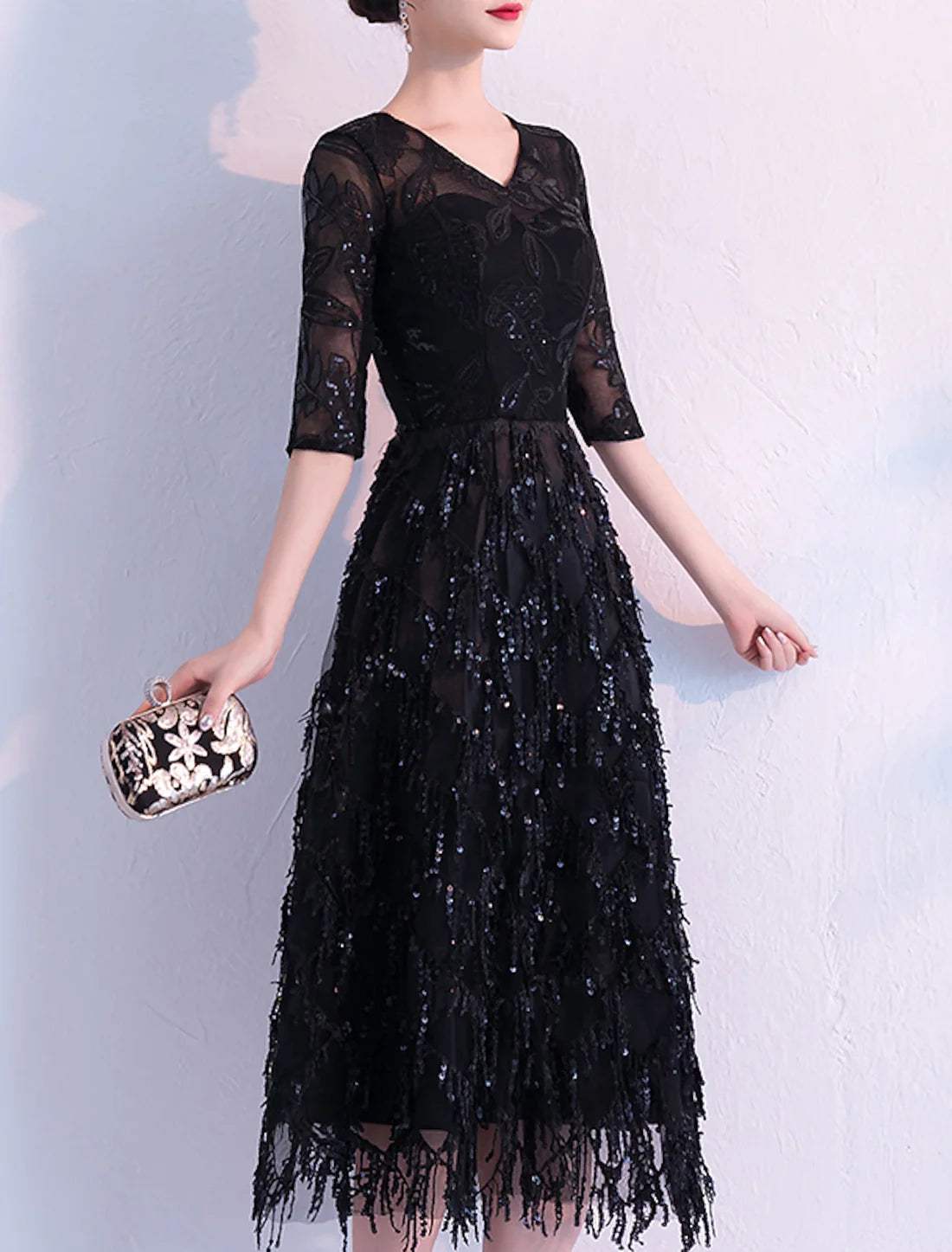 A-Line Flapper Sparkle Party Wear Cocktail Party Dress V Neck Half Sleeve Tea Length Lace with Sequin Tassel