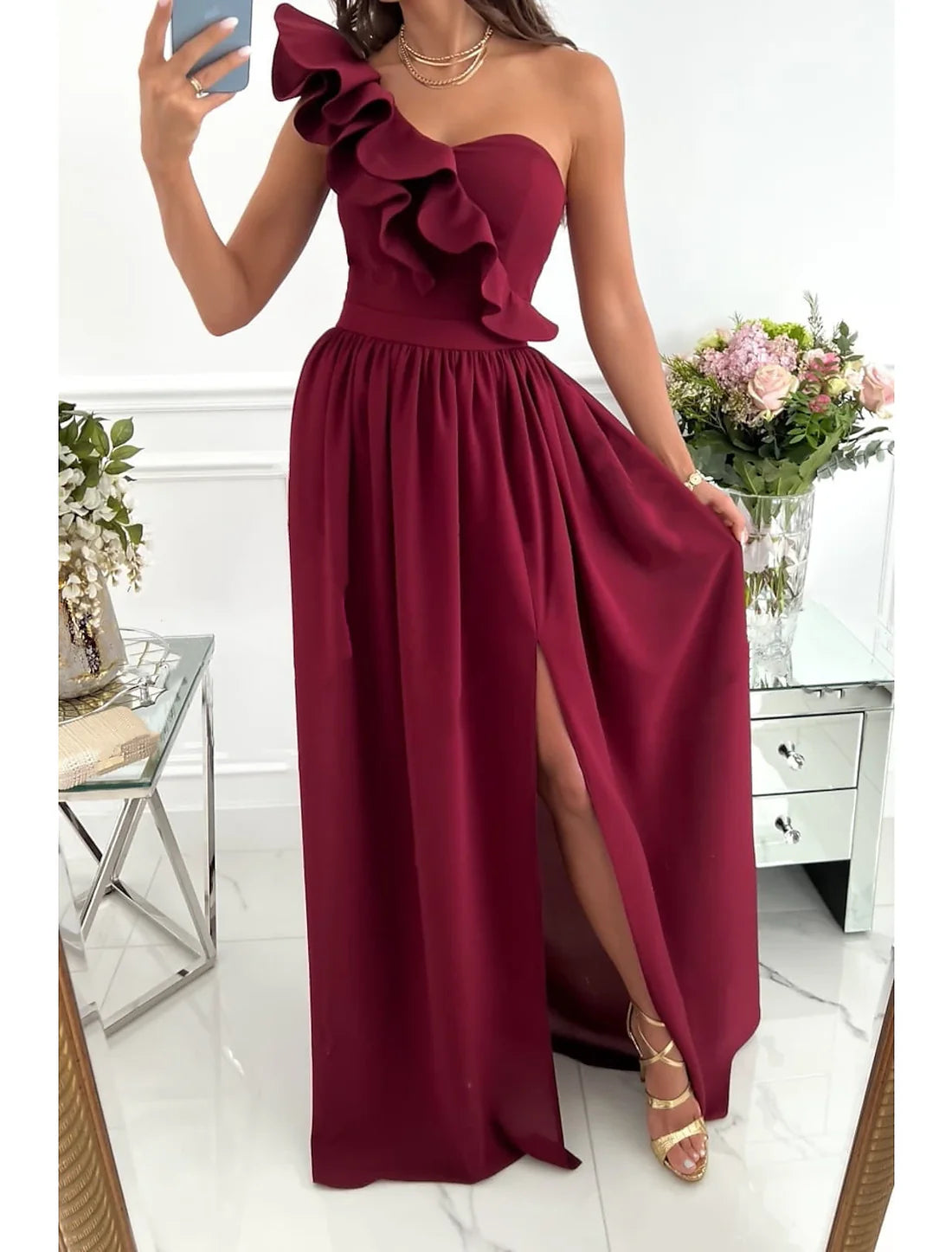 Party Dress Homecoming Dress Swing Dress Long Dress Maxi Dress Wine Red Green Sleeveless Pure Color Patchwork Summer Spring Cold Shoulder Stylish Wedding Guest