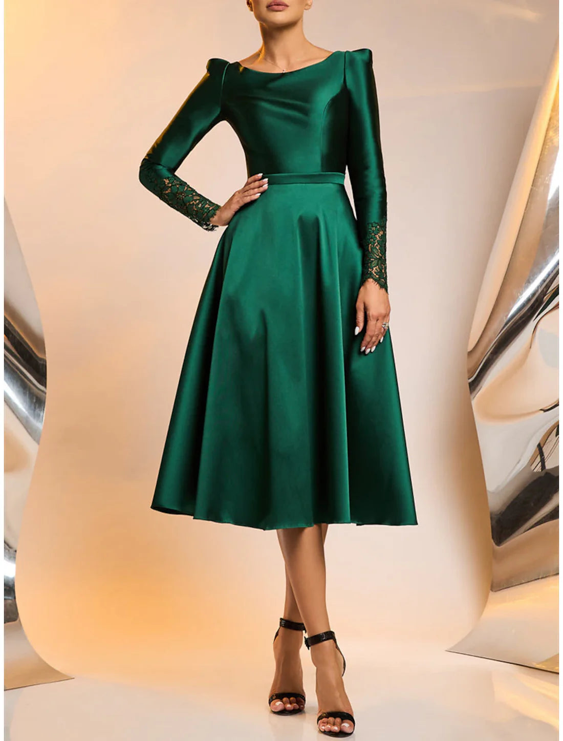 A-Line Cocktail Dresses Party Dresses Elegant Dress Wedding Guest Tea Length Long Sleeve Jewel Neck Satin with Appliques