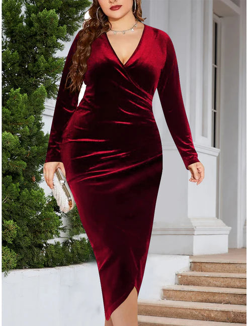 Plus Size Red Party Dress Velvet Dress Cocktail Dress Midi Dress Black Wine Dark Green Long Sleeve Pure Color Ruched Spring Fall Winter V Neck Winter Dress Wedding Guest Dresses