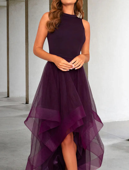 A-Line Cocktail Dresses Elegant Dress For Wedding Guest Tiered Asymmetrical Sleeveless Jewel Neck Organza Ruffles Pleats