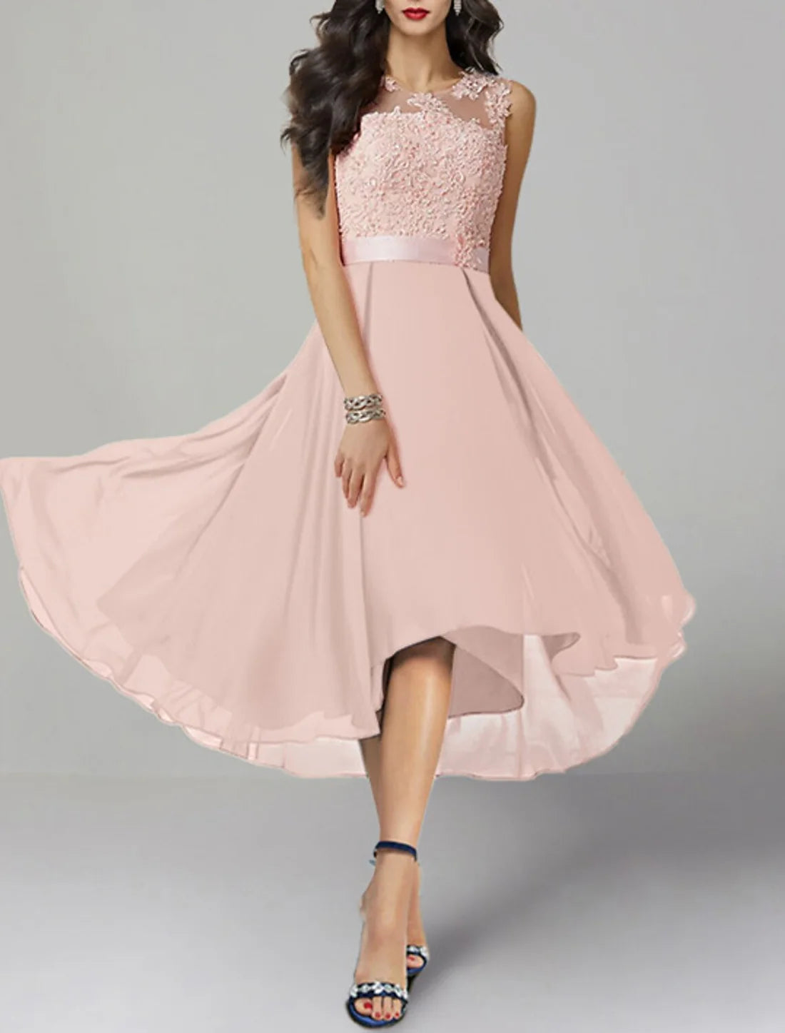 A-Line Cocktail Dresses Dress Wedding Guest Asymmetrical Sleeveless Jewel Neck Chiffon with Appliques