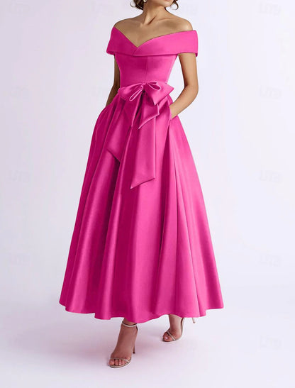 A-Line Cocktail Dresses Elegant Dress Wedding Guest Kentucky Derby Tea Length Short Sleeve Off Shoulder Pocket Satin with Bow(s)