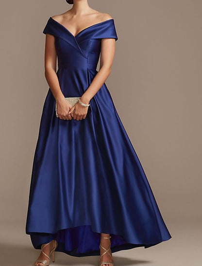 Mother of the Bride Dress Wedding Guest Elegant Plus Size High Low Off Shoulder Asymmetrical Satin Short Sleeve with Pleats