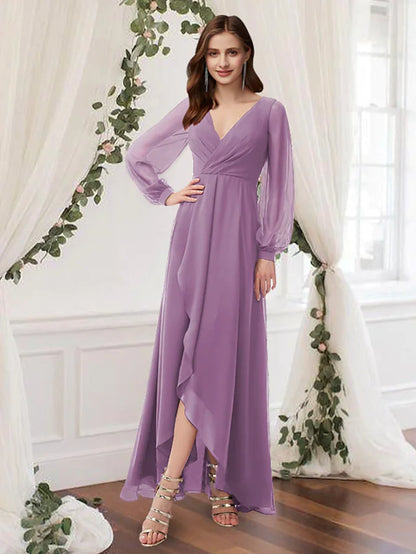 A-Line Bridesmaid Dress V Neck Long Sleeve Elegant Floor Length Chiffon with Pleats