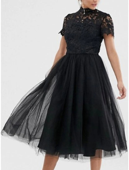 A-Line Cocktail Dresses Black Dress Party Wear Wedding Guest Tea Length Short Sleeve High Neck Wednesday Addams Family Lace with Pleats