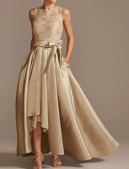 Mother of the Bride Dress Wedding Guest High Low Jewel Neck Asymmetrical Satin Lace Sleeveless with Bow(s) Pleats