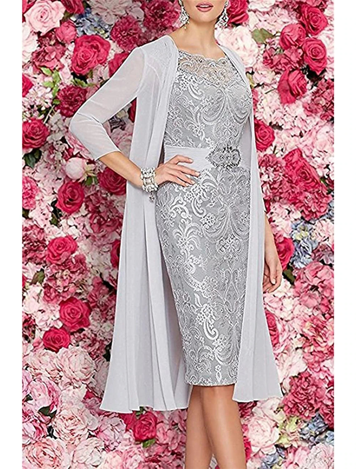 Two Piece Scoop Neck Knee Length Formal Wedding Guest Chiffon Lace Sleeveless Jacket Dresses Mother of the Bride Dress with Beading Appliques