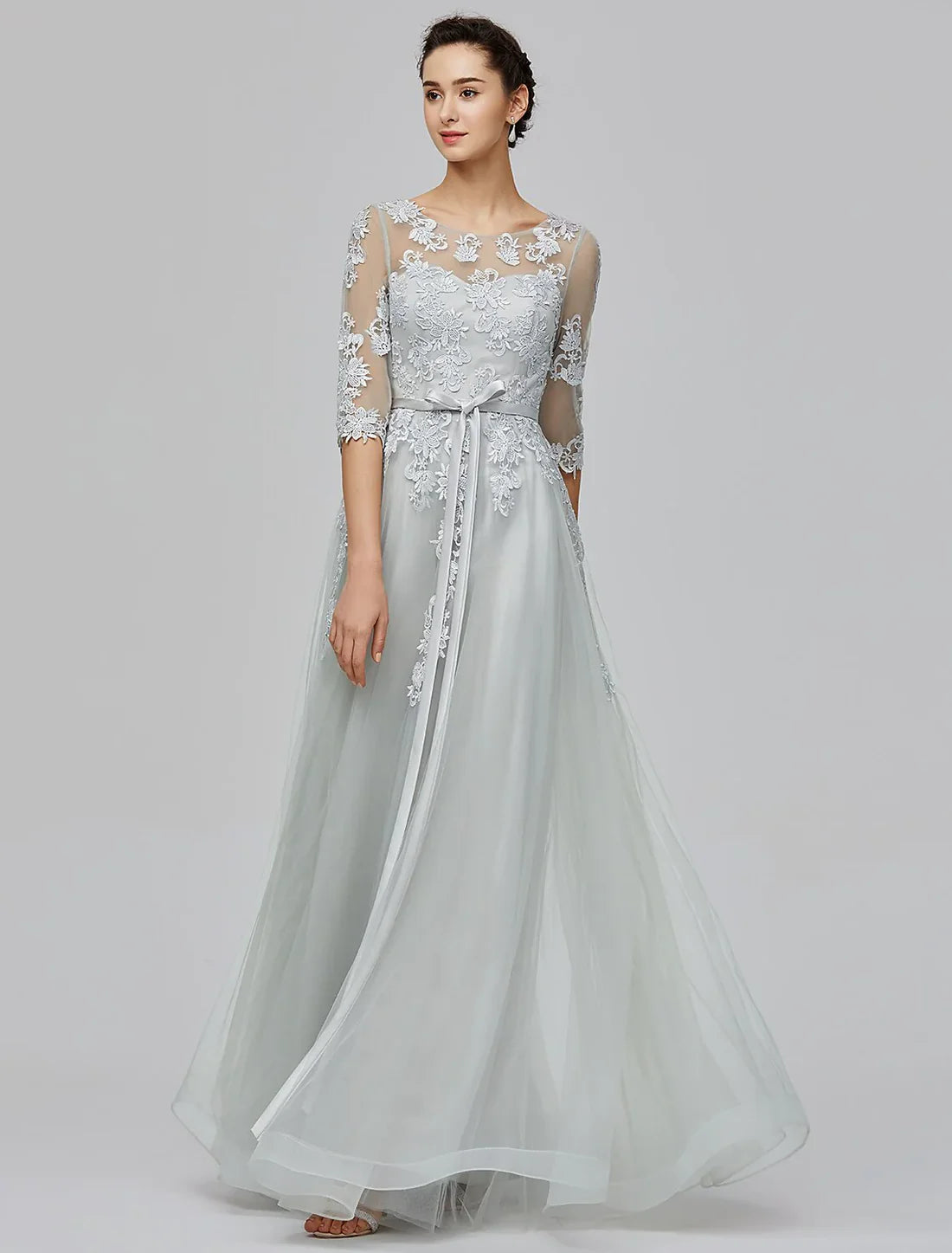 A-Line Evening Dress Wedding Guest Prom Floor Length Half Sleeve Illusion Neck Tulle with Bow(s) Appliques