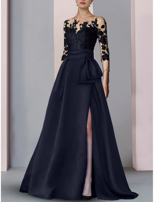 A-Line Evening Gown High Split Dress Sweep / Brush Train Half Sleeve Illusion Neck Satin with Slit Embroidery