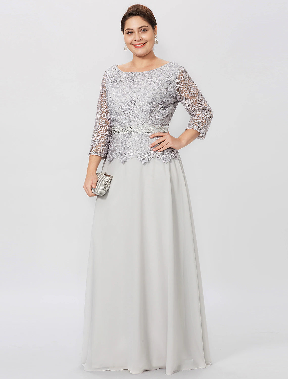 Sheath / Column Mother of the Bride Dress Formal Elegant Plus Size Jewel Neck Floor Length Chiffon Corded Lace 3/4 Length Sleeve No with Lace