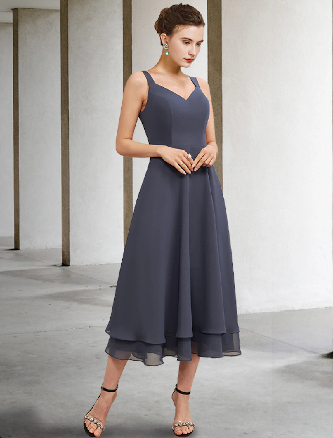 A-Line Jacket Dresses V Neck Tea Length 3/4  Sleeve Length Mother of the Bride Dress with Tier